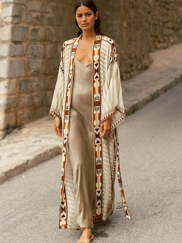 W&W Mode | Boho Plus Size Kimono mit Bindegürtel Maxi Tunika