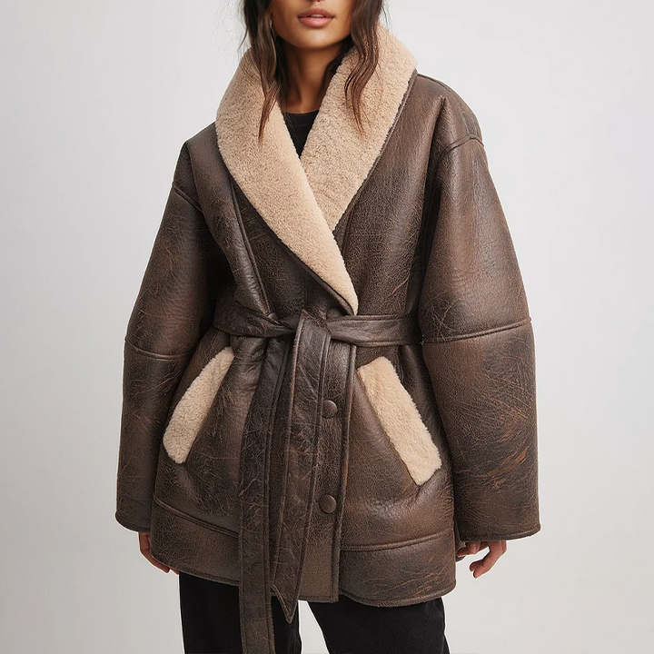 Damen Kunstlederjacke mit weichem Sherpa-Futter und Gürtel