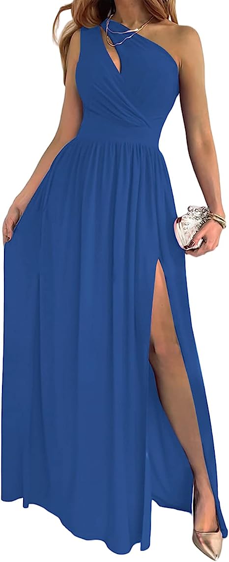 W&W Mode Damen-Cocktail-Maxikleid mit Ein-Schulter-hohem geteiltem Ausschnitt