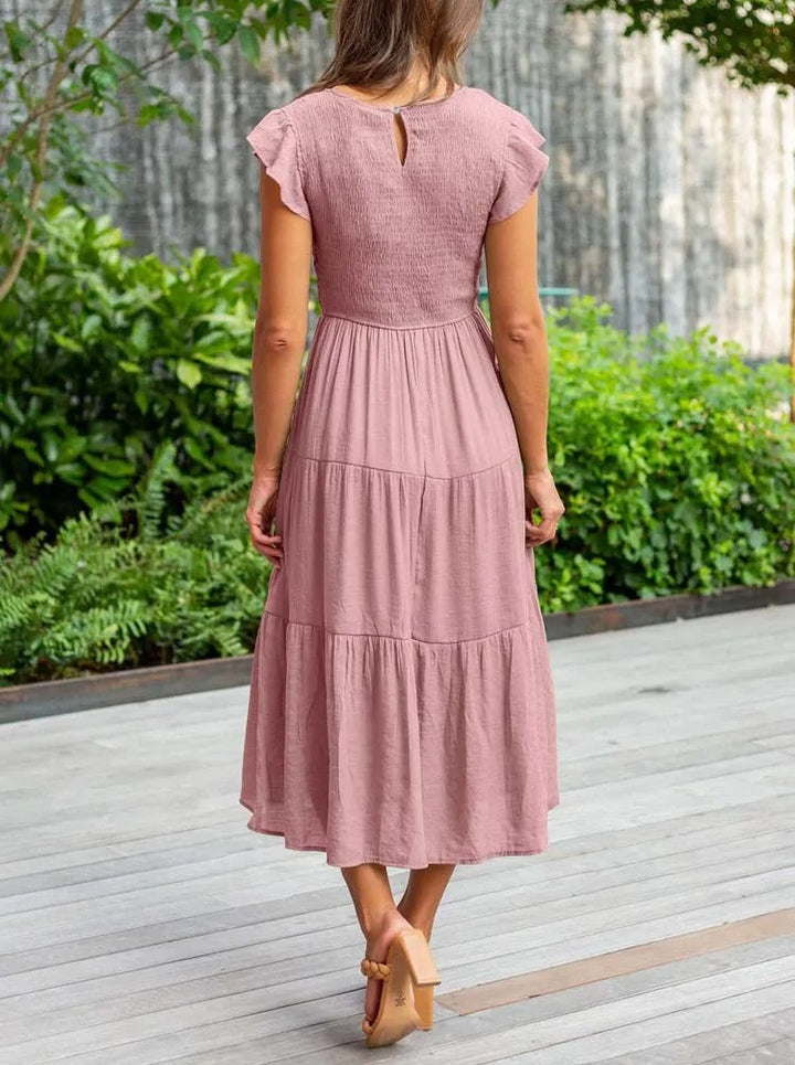 W&W Mode | Elegantes Plissiertes Lagenkleid mit Kurzen Ärmeln