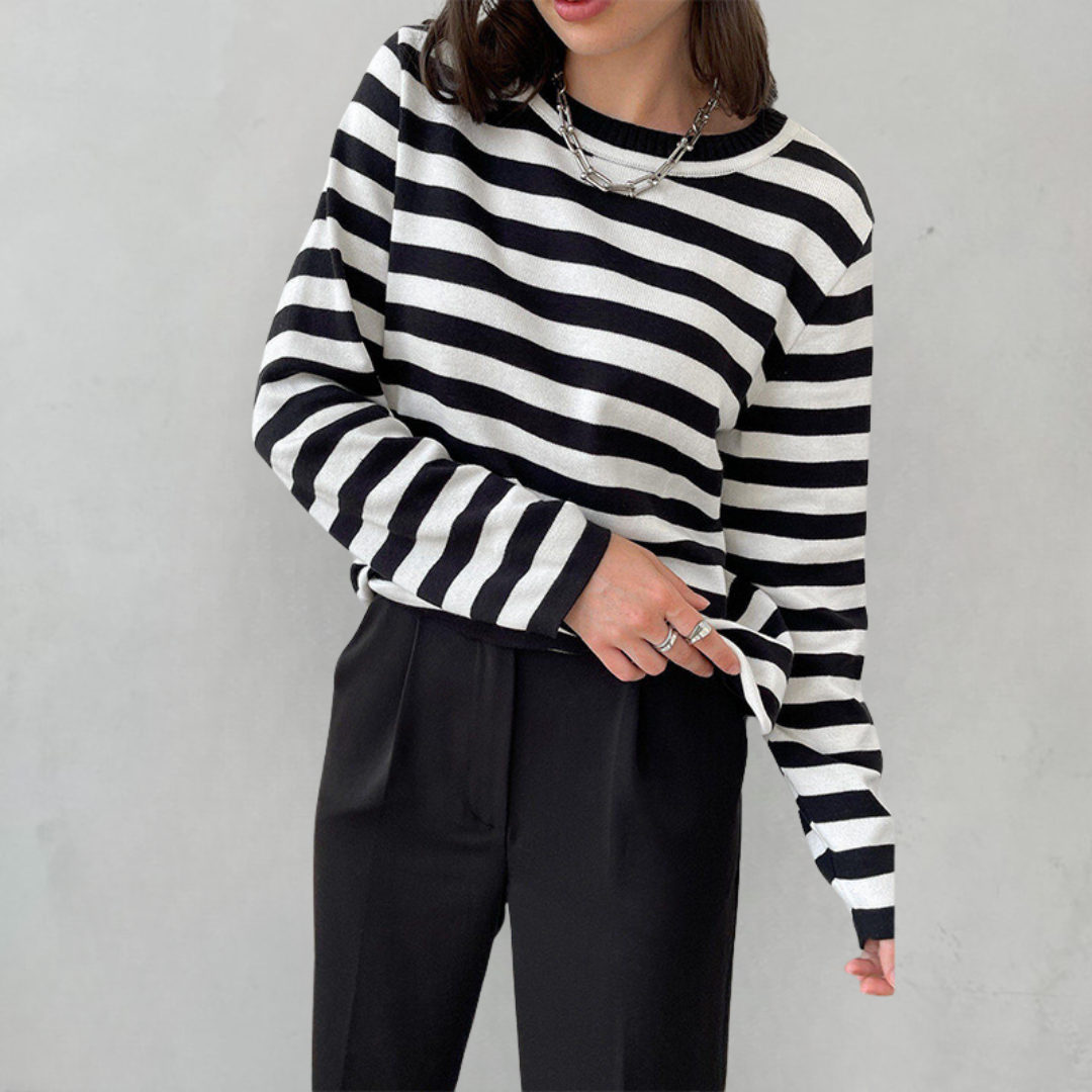 W&W Mode - Damen gestreiftes Rundhalslangarm-Top