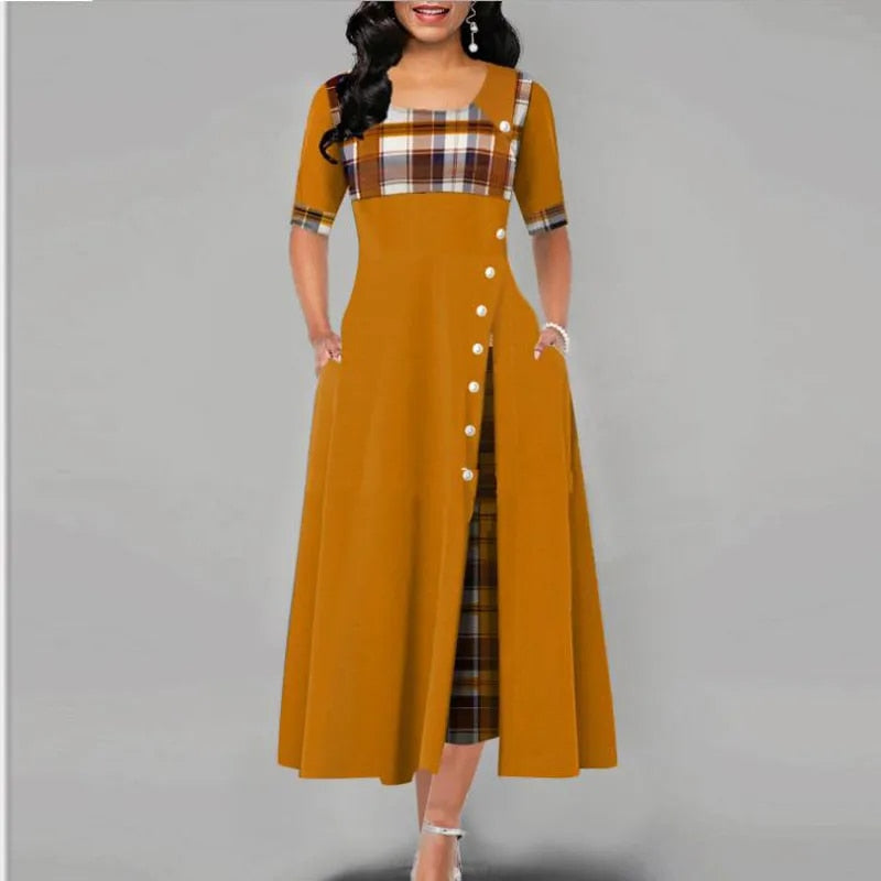 Damen kariertes Kleid mit halben Ärmeln