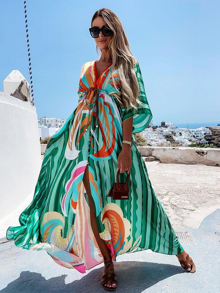 W&W Mode | Boho Strandkleid mit Sweetheart-Ausschnitt, Fledermausärmeln, Langer Schnitt und Print