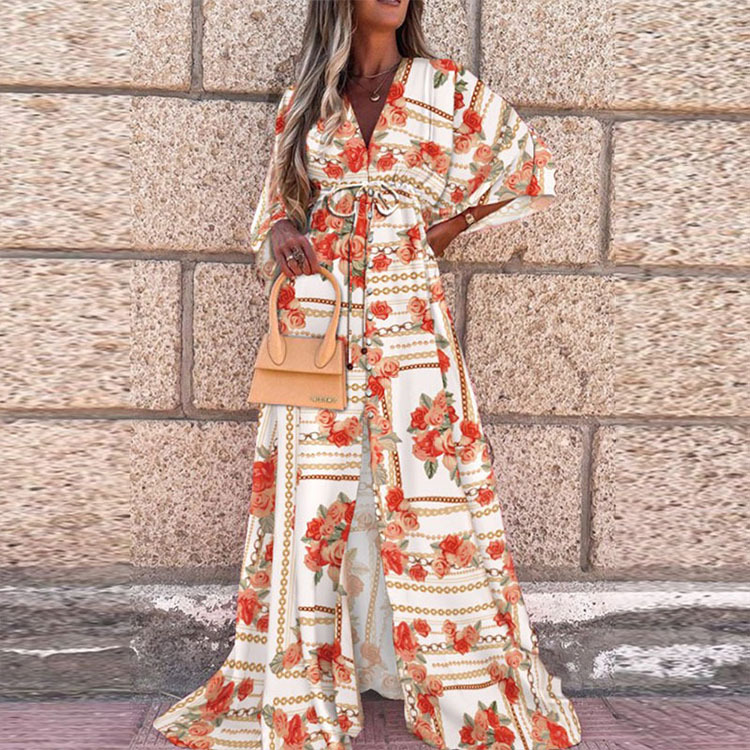 W&W Mode | Boho Strandkleid mit Sweetheart-Ausschnitt, Fledermausärmeln, Langer Schnitt und Print
