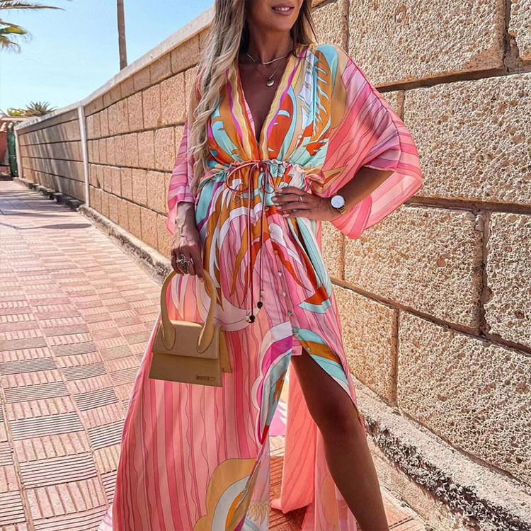 W&W Mode | Boho Strandkleid mit Sweetheart-Ausschnitt, Fledermausärmeln, Langer Schnitt und Print