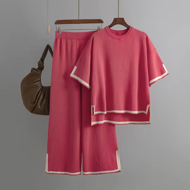 Damen Zweiteiler mit kurzärmeligem Oberteil und Hose mit hoher Taille