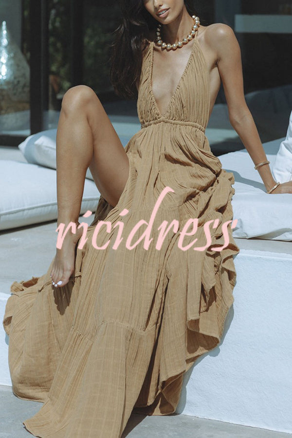 W&W Mode – Neckholder-Maxikleid aus Leinenmischung mit rückenfreiem Schlitz