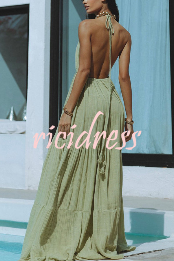 W&W Mode – Neckholder-Maxikleid aus Leinenmischung mit rückenfreiem Schlitz