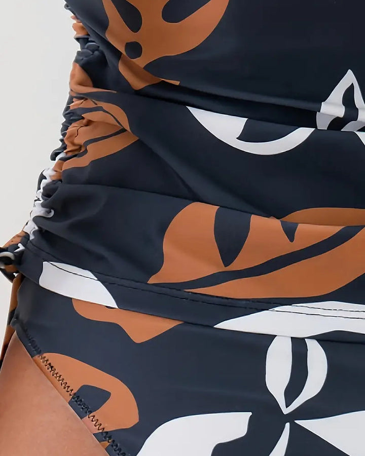 Tankini-Badeanzug mit Blattmuster, gerafftem Design und Kordelzug