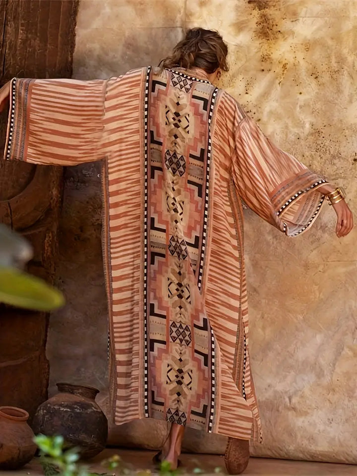 W&W Mode | Boho Plus Size Kimono mit Bindegürtel Maxi Tunika