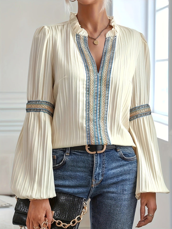 W&W Mode Spitzen-Patchwork-Shirt mit V-Ausschnitt