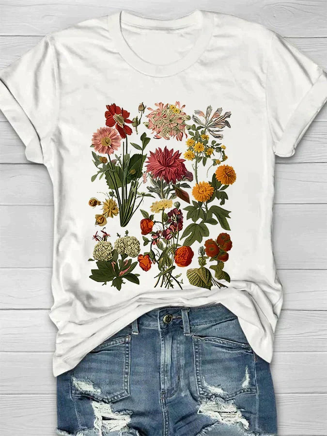 W&W Mode | Weinlese Blumen T-shirt Retro Stil Für Lässige Chic