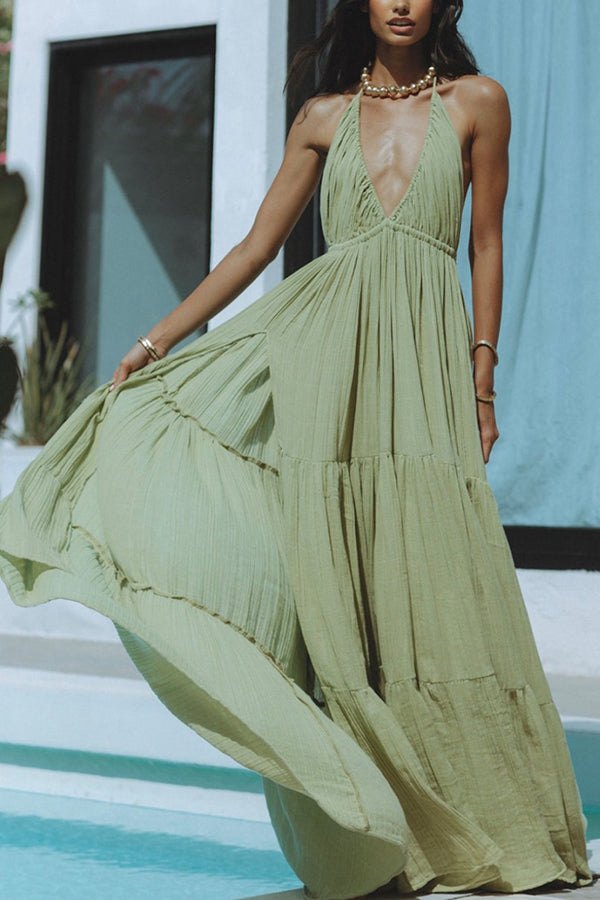 W&W Mode – Neckholder-Maxikleid aus Leinenmischung mit rückenfreiem Schlitz
