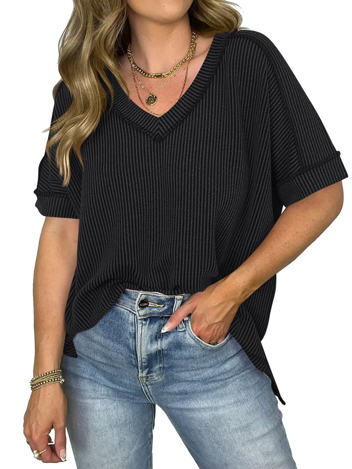 W&W Mode | Cord-Ripp V-Ausschnitt Kurzarm T-Shirt