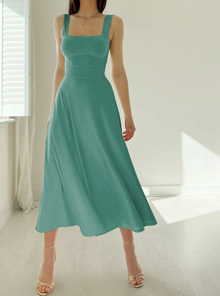Damen Midikleid mit breiten Trägern, quadratischem Ausschnitt und Korsett-Taille