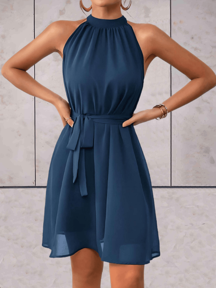 W&W Mode | Danes Mini Kleid Einfarbiges Ärmelloses Kleid Mit Rundhalsausschnitt Und Bindegürtel