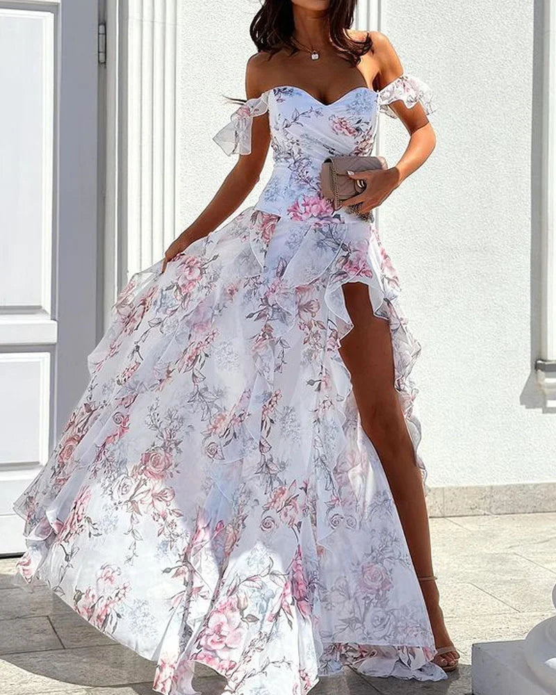 Damen-Maxikleid mit Blumenmuster, V-Ausschnitt und hoher Seitenschlitz