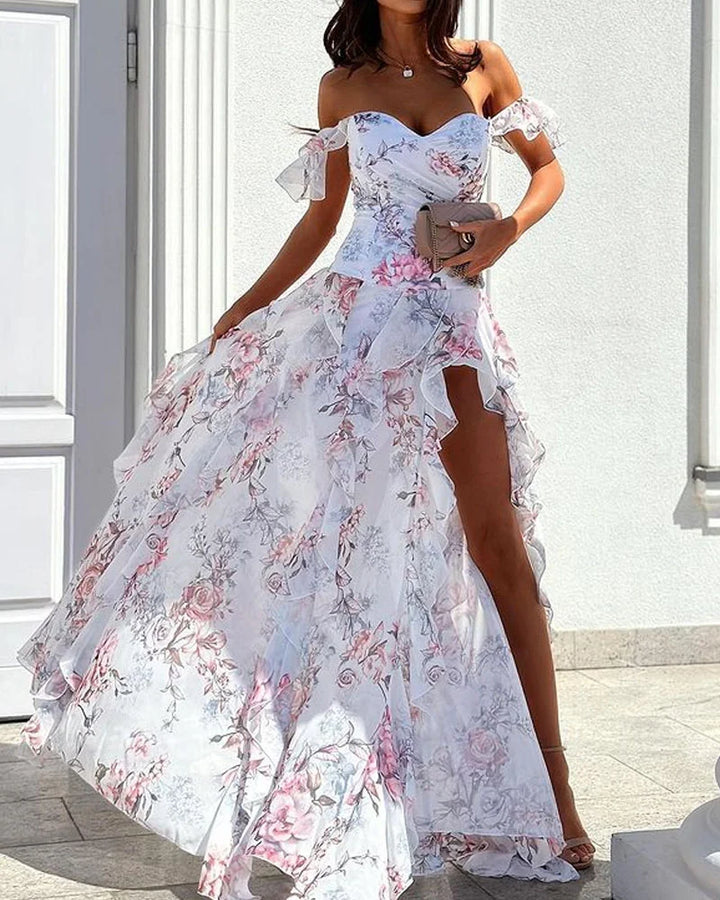 Damen-Maxikleid mit Blumenmuster, V-Ausschnitt und hoher Seitenschlitz