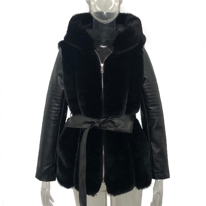 W&W Mode Stil Pelz Gürtel Gürtel Mit Kapuze Zipper Jacke für Damen