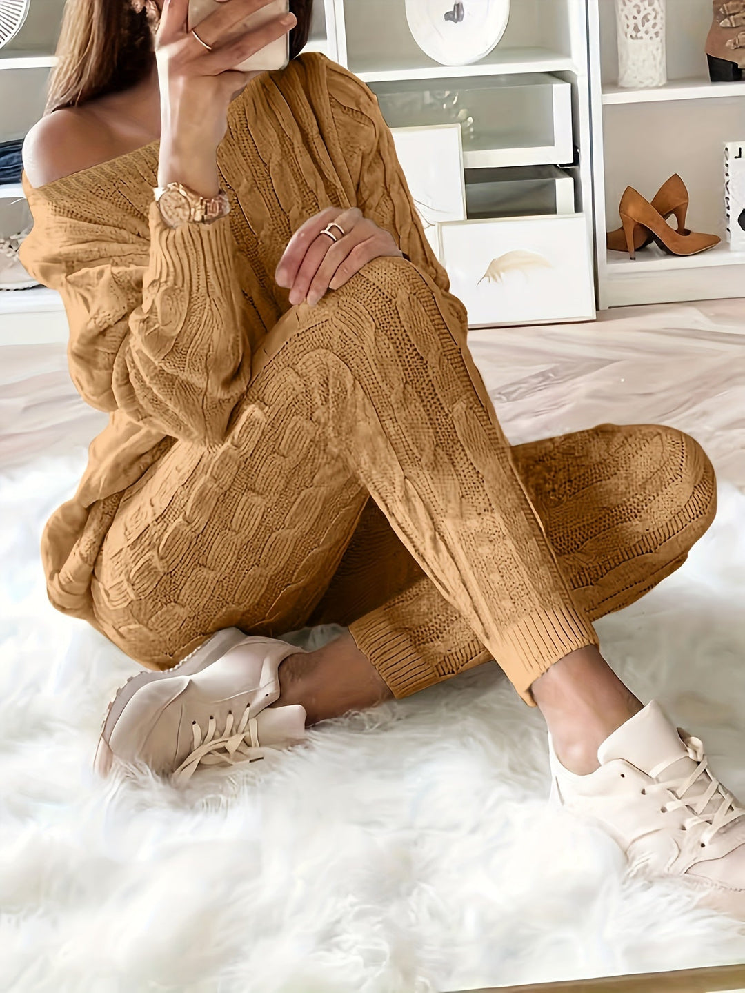 W&W Mode Gestricktes Passendes Sweatshirt & Hosen Outfits Zweiteiliges Set