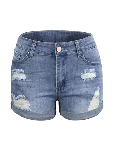 W&W Mode | Damen Stretch Mittelhohe Denim-Shorts mit Löchern