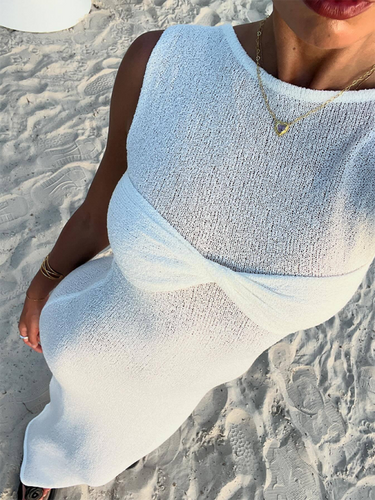 W&W Mode | Ärmelloses enges Rundhals gestricktes einfarbiges Strandlangkleid