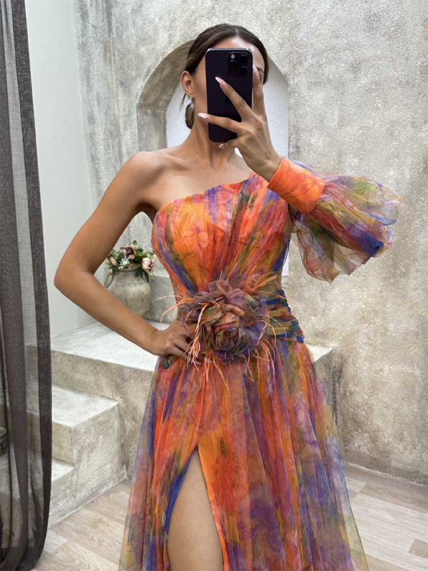 W&W Mode | Neue Party-Mesh-Schulter-Schlitzenkleid INS Lässige Modekleider