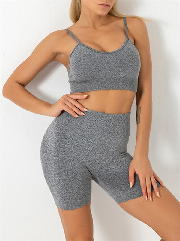 W&W Mode | Damen Nahtloses Unifarbenes Cami Yoga Sport BH + Shorts Zweiteiliges Set