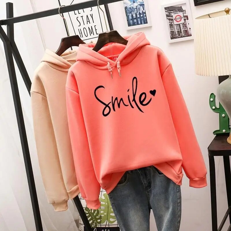 W&W Mode | Lässig Geschnittener Smile Kapuzenpulli Für Frauen