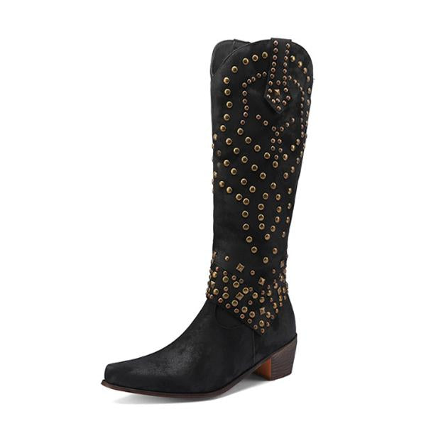 W&W Mode - Hohe Stiefel Mit Metallnieten Und Kobigem Absatz