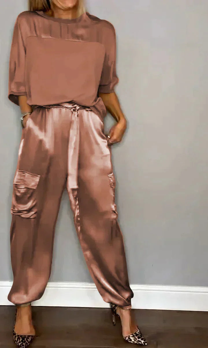 Damen Satin-Set mit Oberteil und Hose