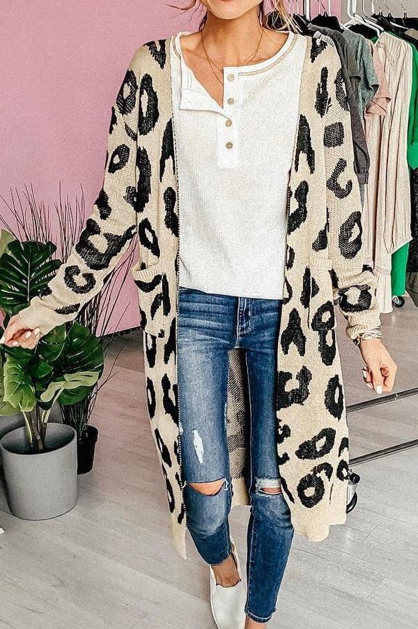 W&W Mode Leopardenprint Lange Sweaterjacke