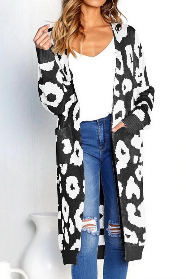 W&W Mode Leopardenprint Lange Sweaterjacke