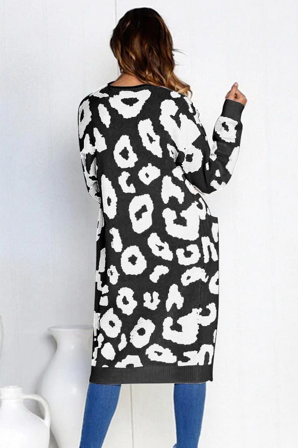 W&W Mode Leopardenprint Lange Sweaterjacke