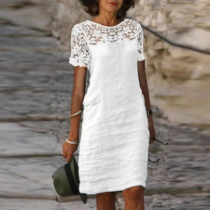Damen Kleid aus Baumwolle und Leinen mit Spitzendetails
