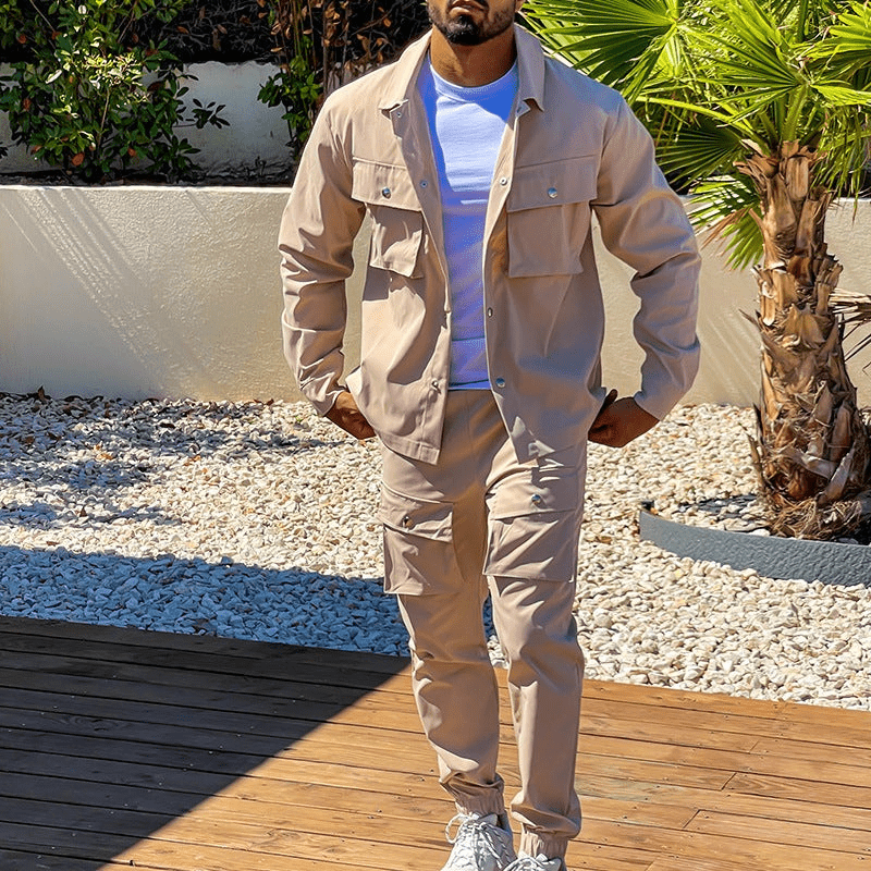 W&W Mode | Zweiteilig Herren Cargo Anzug Herren Cargo Hose & Hemd Trendy