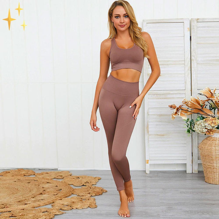 W&W Mode | Bunter Stylischer zwei-teiliges Sport-Set Nahtlose Leggings und Sport-BH-Set