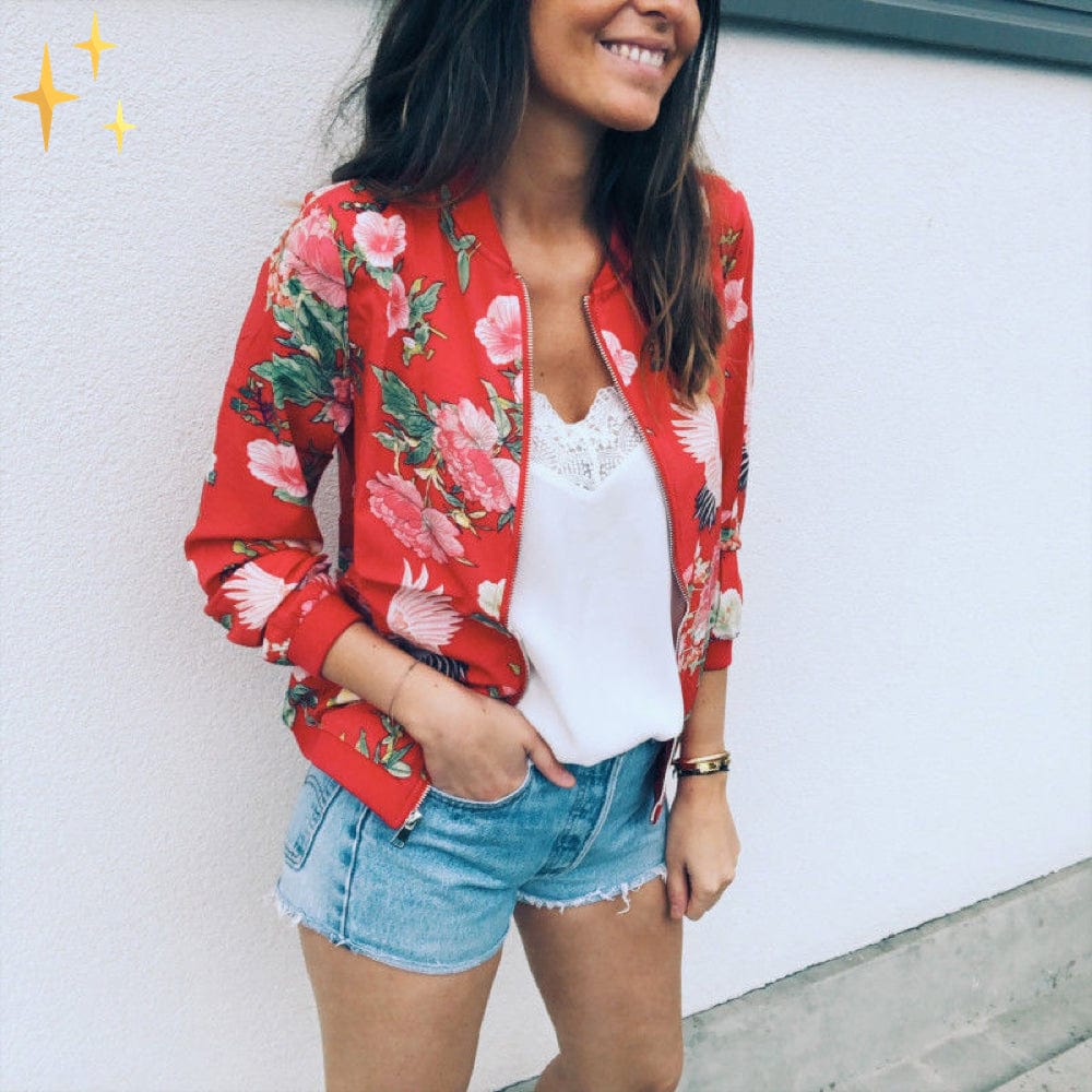 W&W Mode | Abendkleid luftige dünne Frühlingsjacke mit Reißverschluss und Blumenmuster