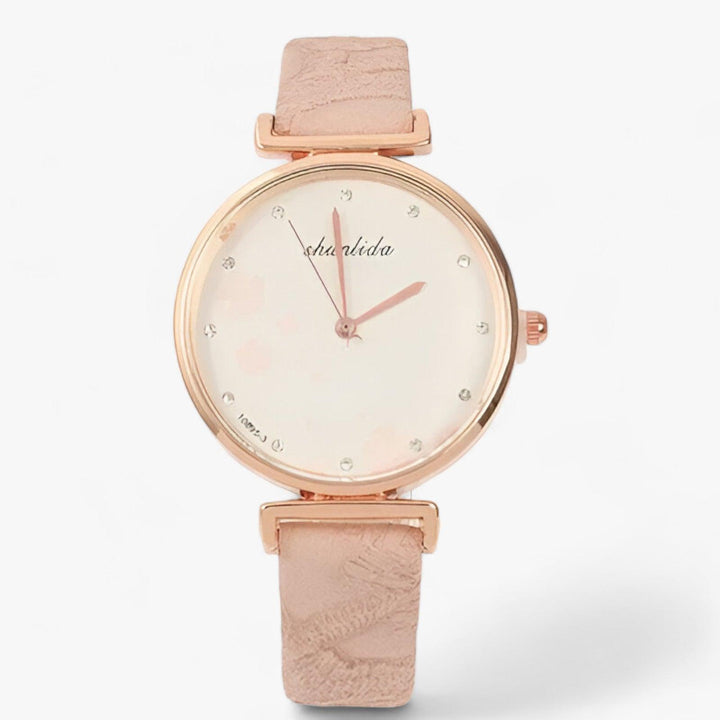 Damen-Armbanduhr mit rundem Zifferblatt und Blumenmotiv