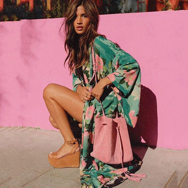 W&W Mode | Grüner Blumenprint Kimono Strickjacke