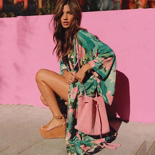 W&W Mode | Grüner Blumenprint Kimono Strickjacke