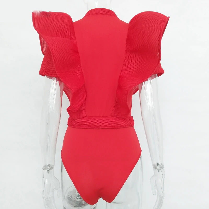 W&W Mode | Freizeit schwarzes Rüschenschnitt Ausschnitt Kurzarm Frauen Bodysuit Top