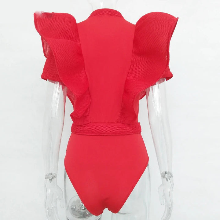 W&W Mode | Freizeit schwarzes Rüschenschnitt Ausschnitt Kurzarm Frauen Bodysuit Top