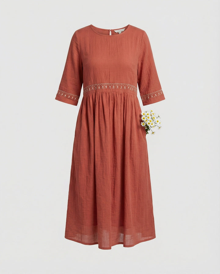 W&W Mode - Damen Besticktes Baumwoll-Leinen Kleid, Luftig & Locker Geschnitten