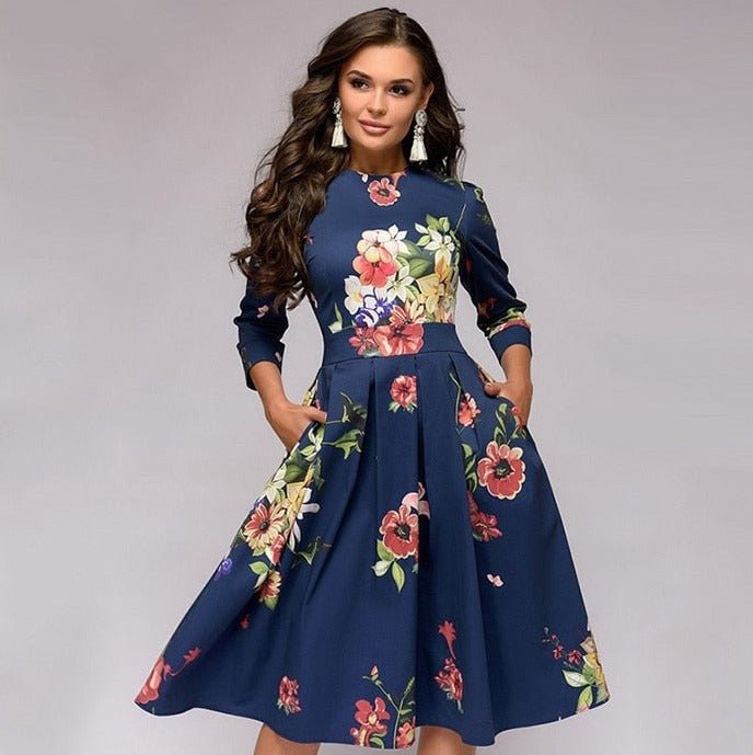 W&W Mode | Lässiges Mittellanges Kleid mit Rundhalsausschnitt Blumendruck und Taschen