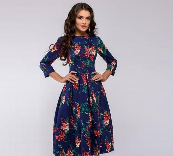 W&W Mode | Lässiges Mittellanges Kleid mit Rundhalsausschnitt Blumendruck und Taschen