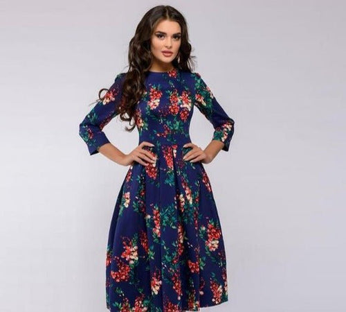 W&W Mode | Lässiges Mittellanges Kleid mit Rundhalsausschnitt Blumendruck und Taschen
