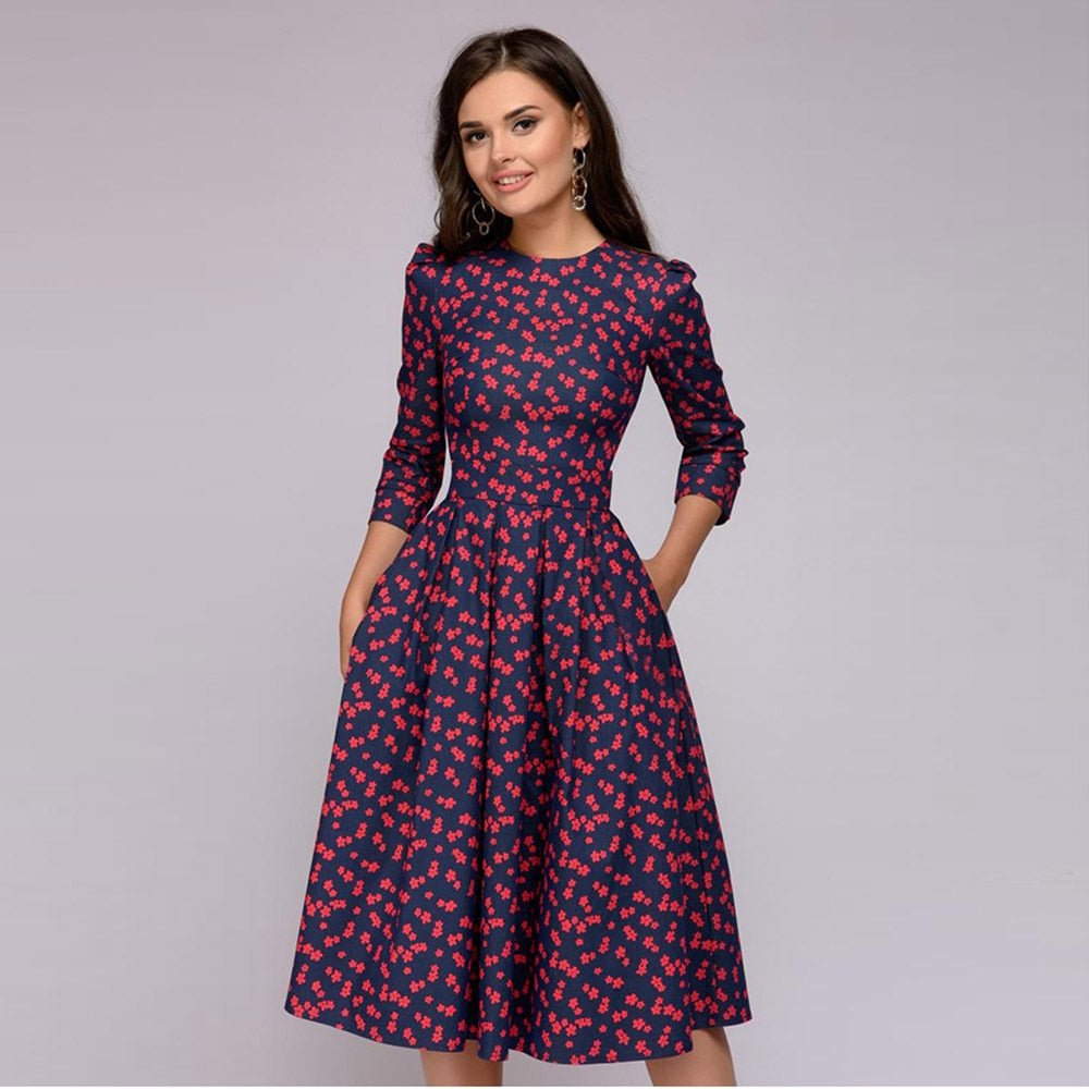 W&W Mode | Lässiges Mittellanges Kleid mit Rundhalsausschnitt Blumendruck und Taschen