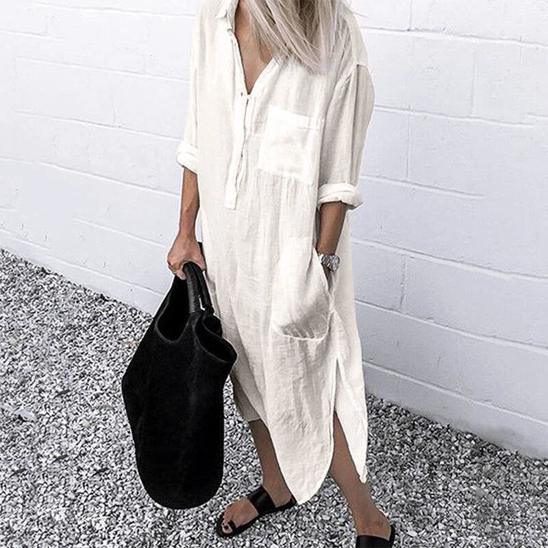 W&W Mode - Lockeres langes Kleid mit langen Ärmeln und Seitentaschen Kleid