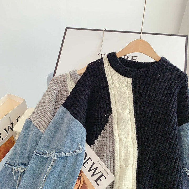 W&W Mode | Patchwork-Pullover mit Denim-Ärmeln